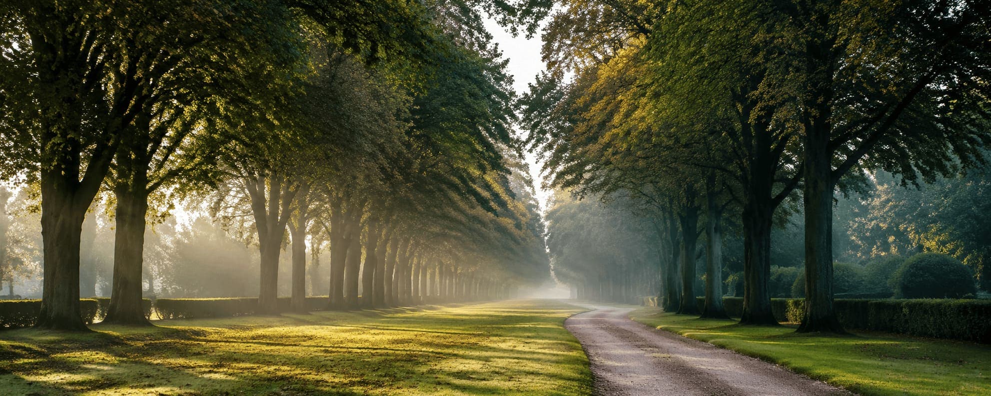 Longue allée bordée d’un double alignement d’arbres taillés, dans la brume et la lumière rasante du matin