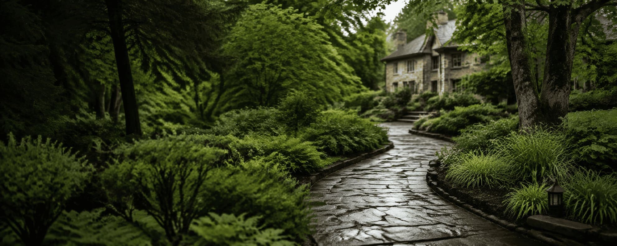 Allée en pierre naturelle serpentant entre des massifs denses jusqu’à une maison en pierre, après la pluie