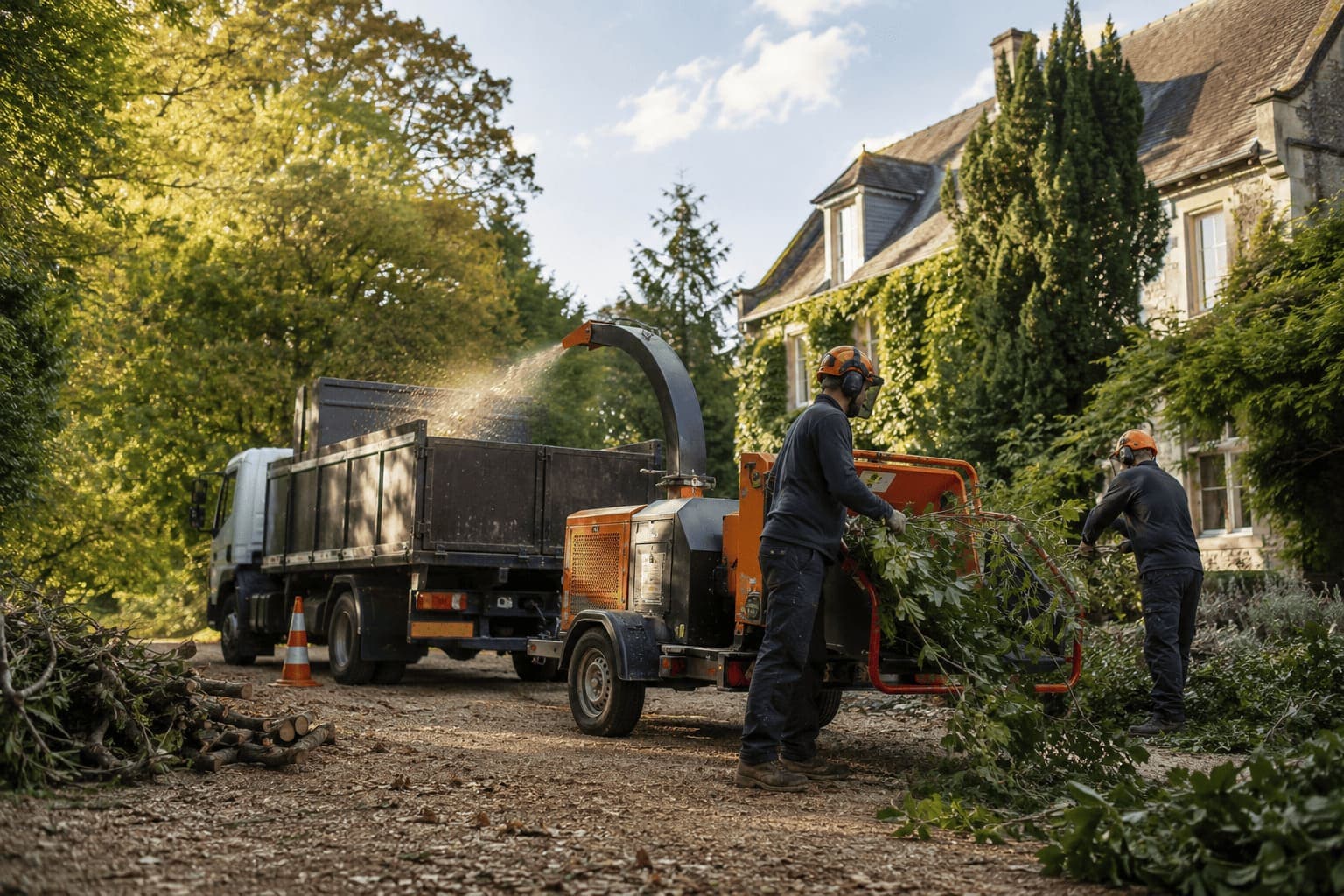 Deux opérateurs alimentant un broyeur de branches attelé derrière un camion benne, bûches empilées au premier plan