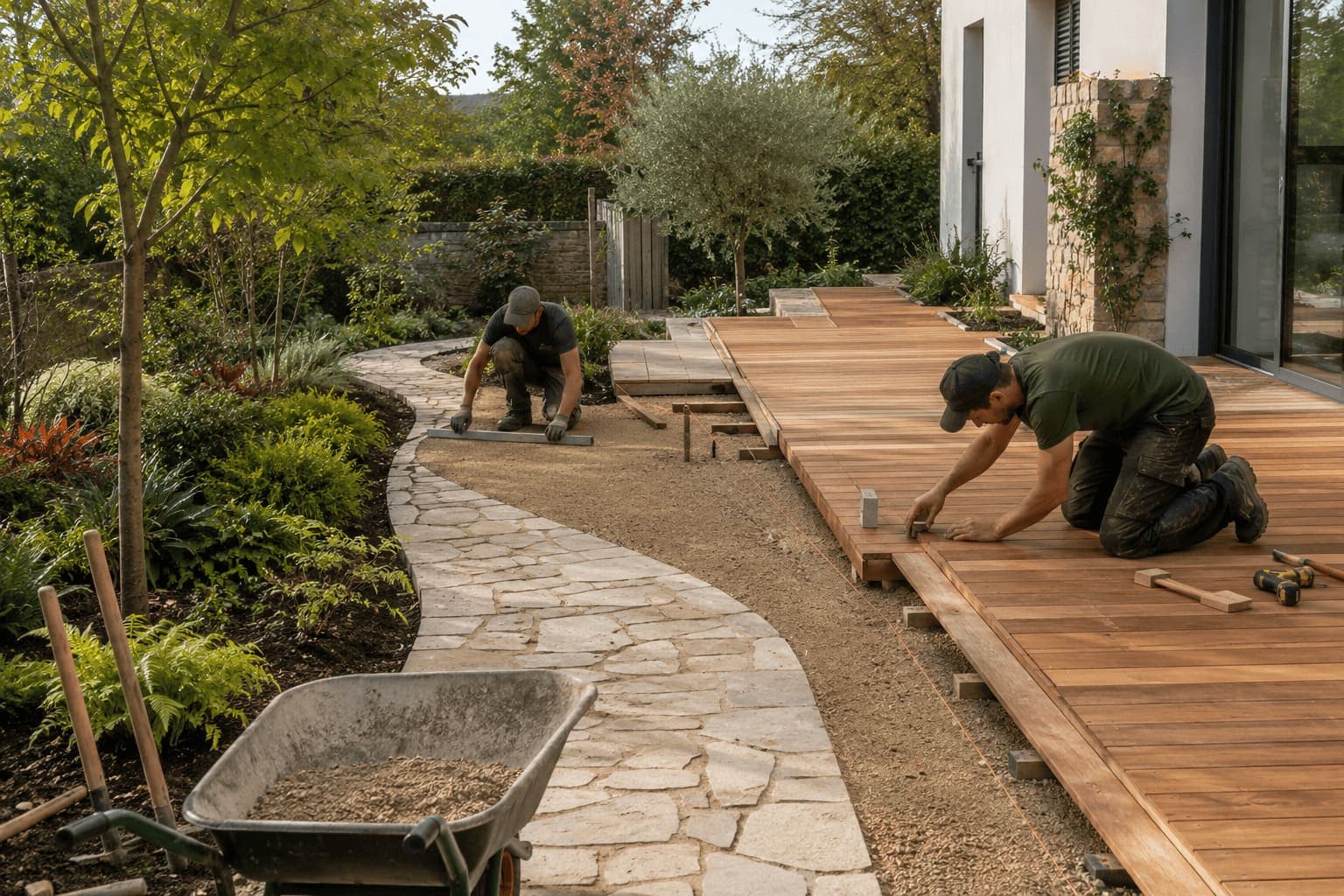 Deux paysagistes posant une terrasse en lames de bois et une allée en dalles de pierre naturelle le long d’une maison contemporaine