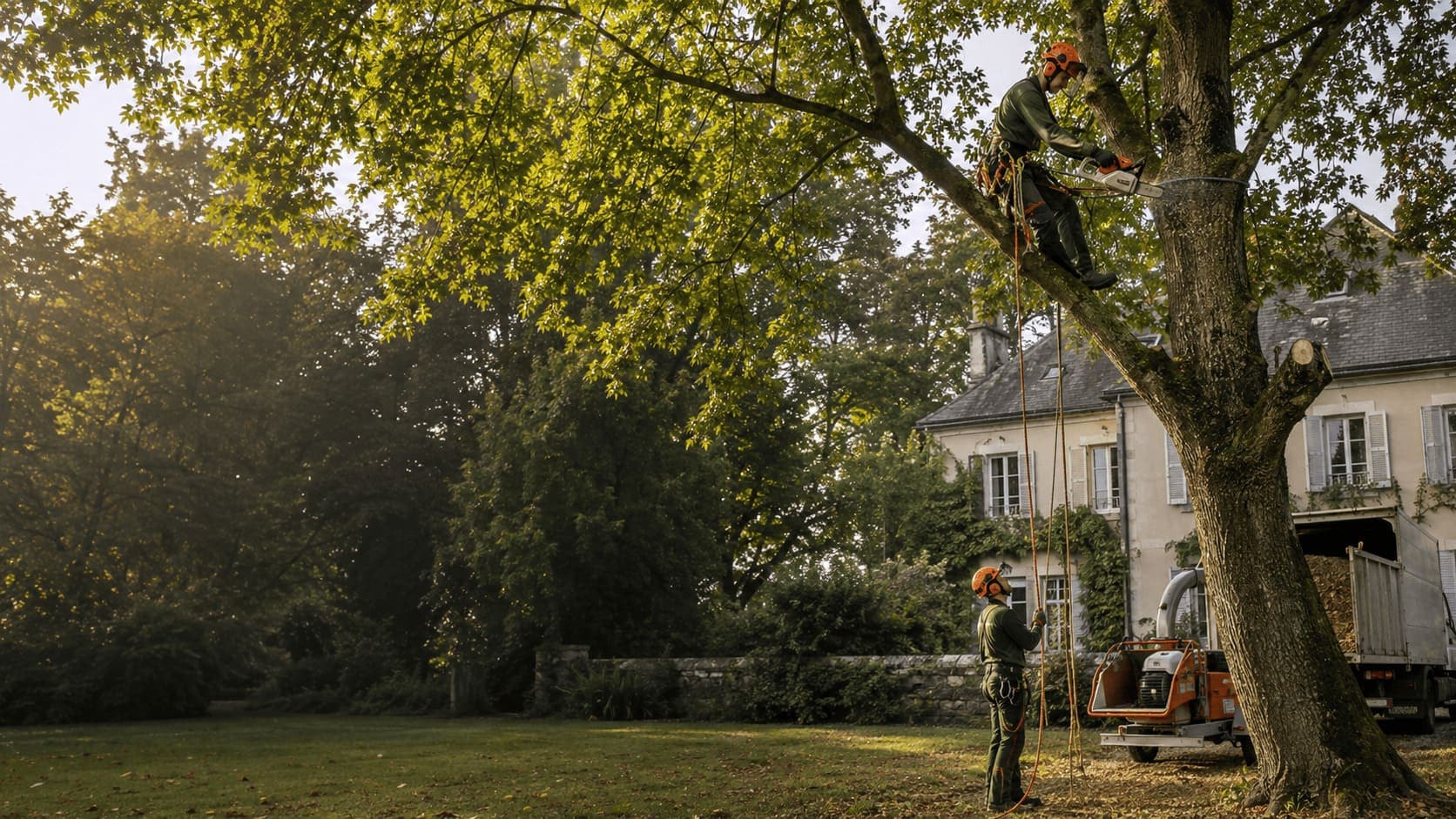Élagueur encordé dans un grand arbre, tronçonneuse à la main, pendant qu’un second opérateur tient la corde au sol devant une maison de maître