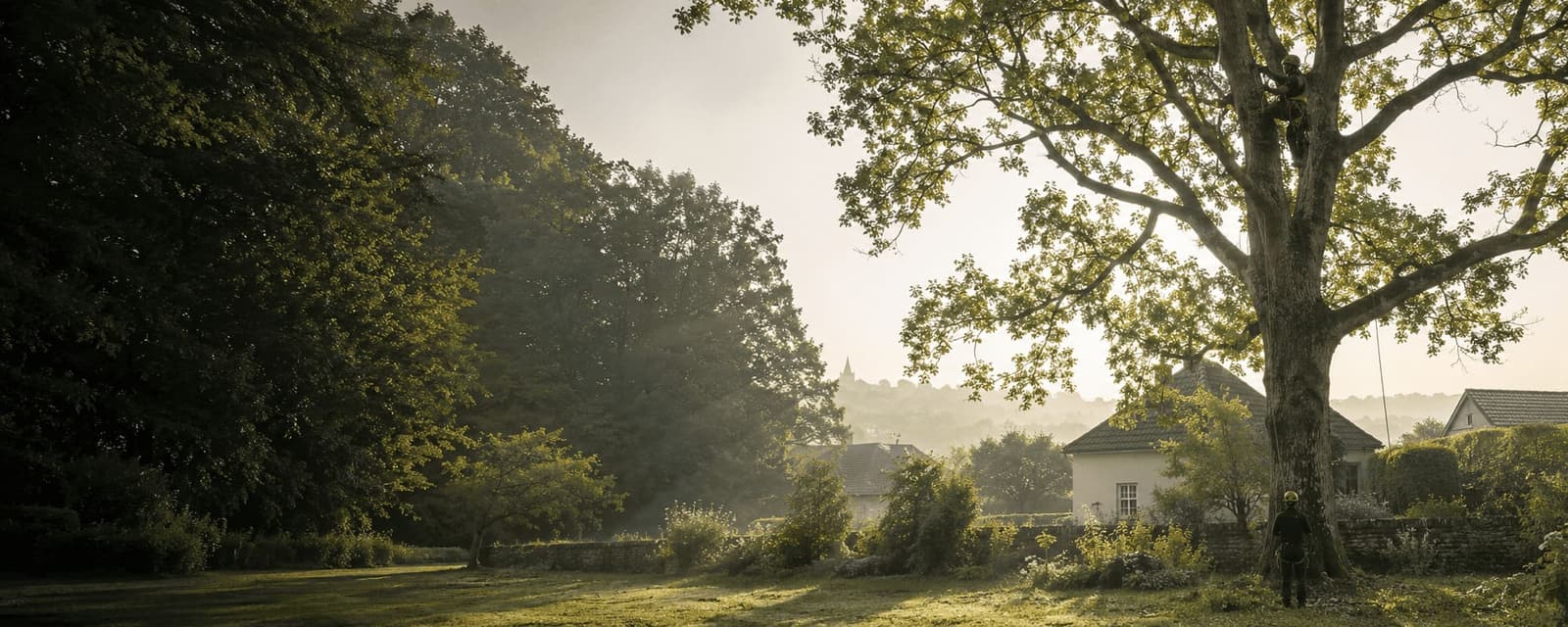 Élagueur perché dans un très grand arbre à contre-jour dans la brume du matin, au-dessus d’un parc et de toitures de village