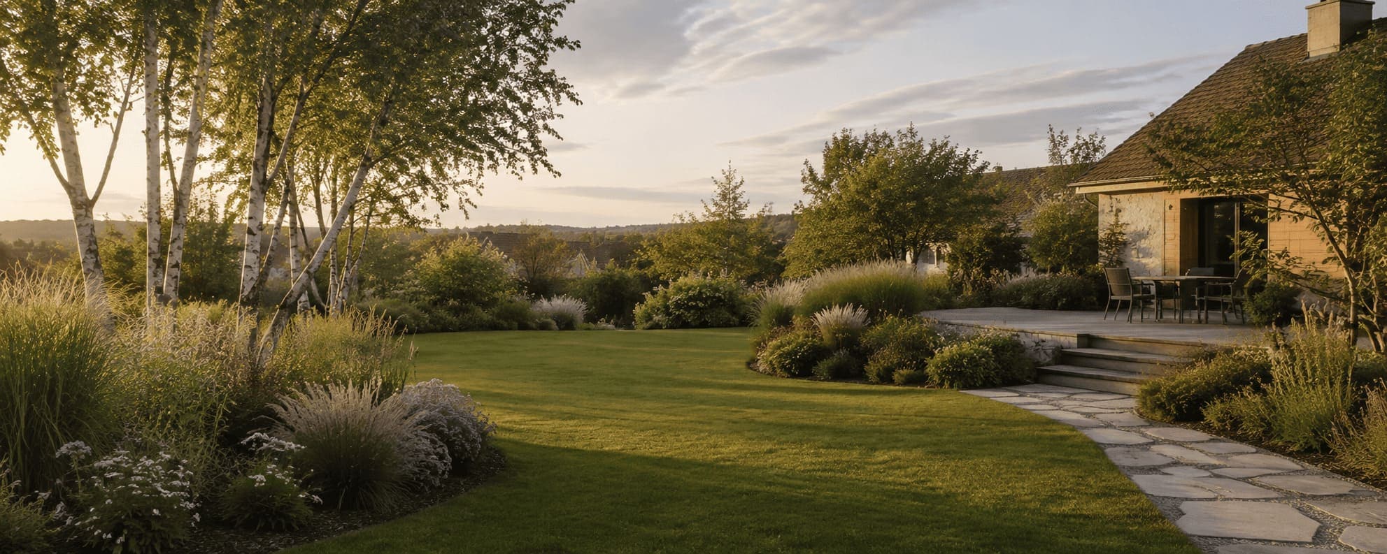 Jardin paysager au coucher du soleil : massifs de graminées et de vivaces, pelouse et terrasse en pierre devant une maison