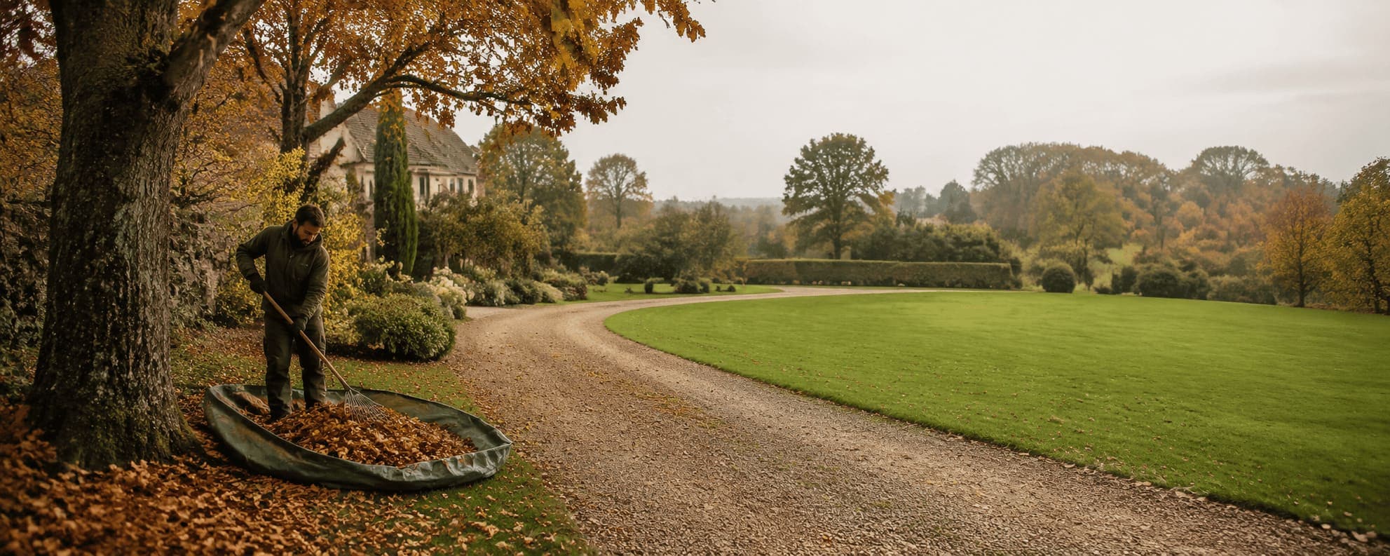 Jardinier ratissant les feuilles d’automne dans une bâche de ramassage, au bord d’une allée de gravier bordant une grande pelouse