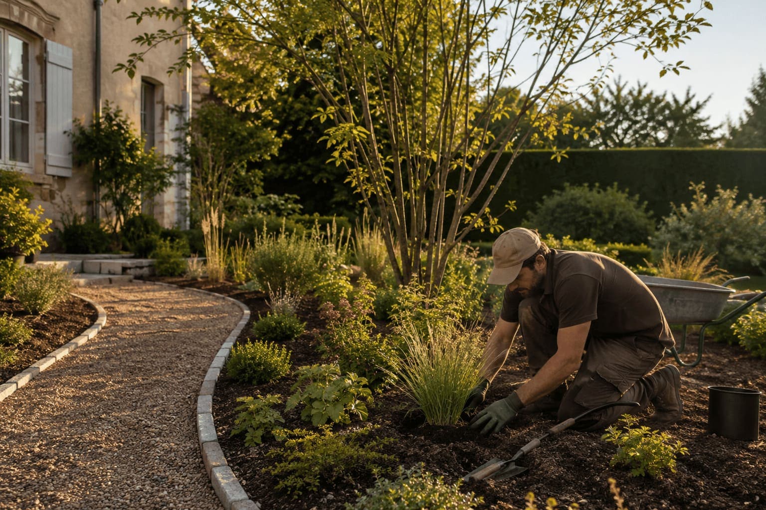 Paysagiste plantant une graminée dans un massif paillé bordant une allée de gravier à bordure pavée, en lumière de fin de journée