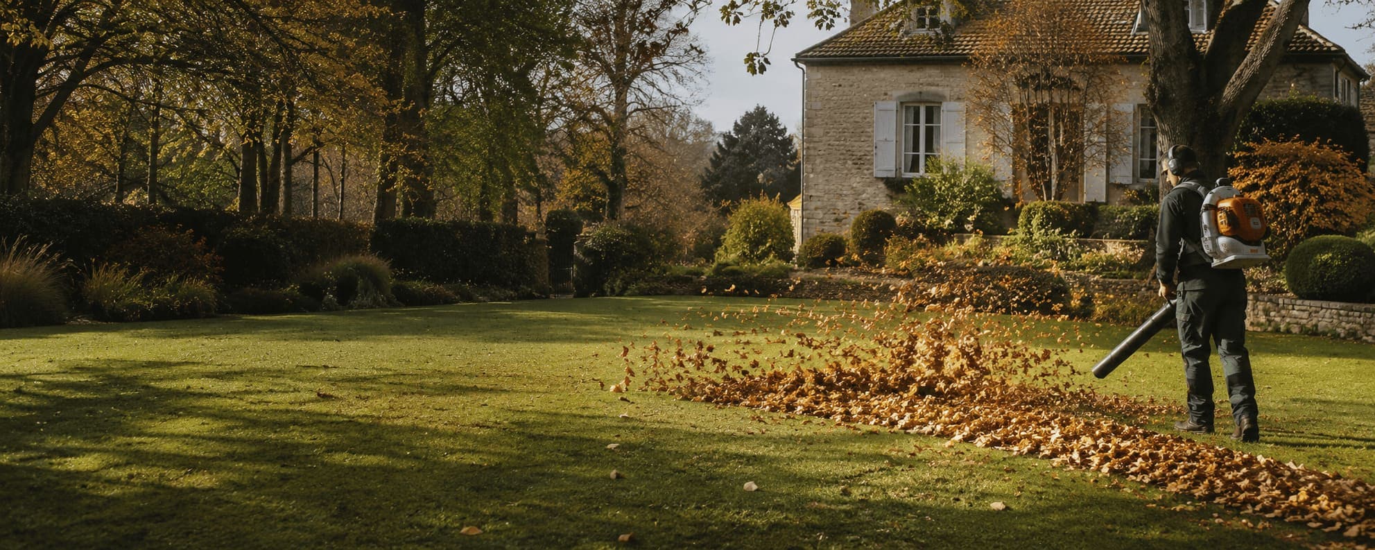 Opérateur rassemblant les feuilles mortes au souffleur à dos sur la pelouse d’un parc, devant une maison en pierre à l’automne