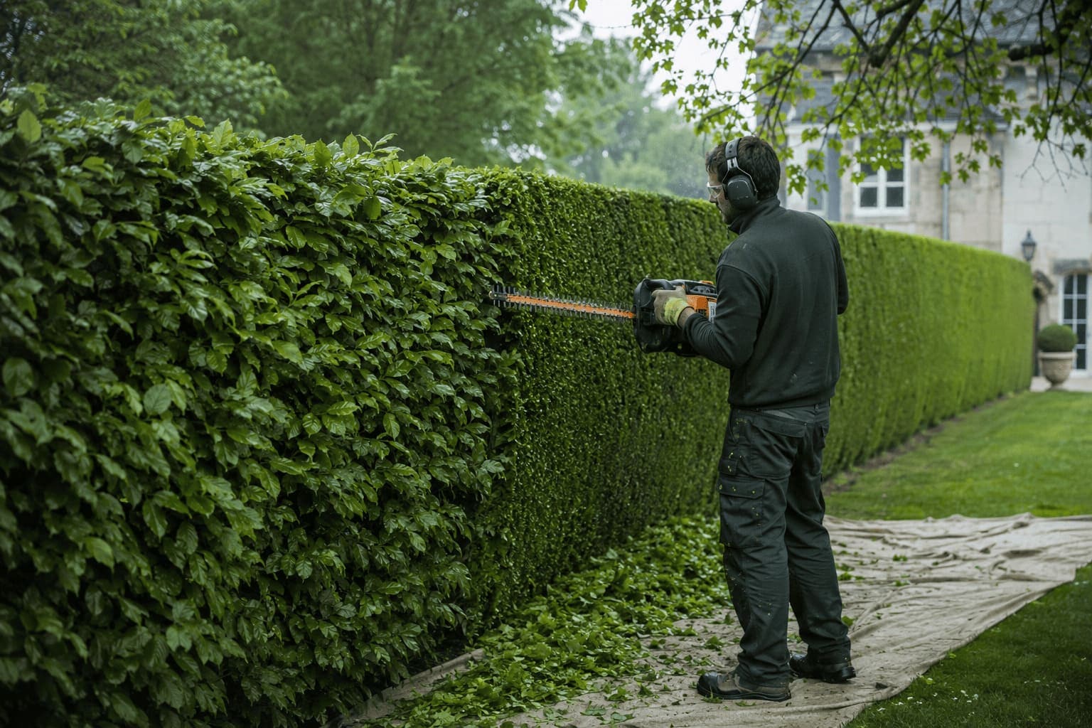Jardinier taillant au taille-haie thermique une haie de charmille taillée au cordeau, bâche de récupération déployée au pied