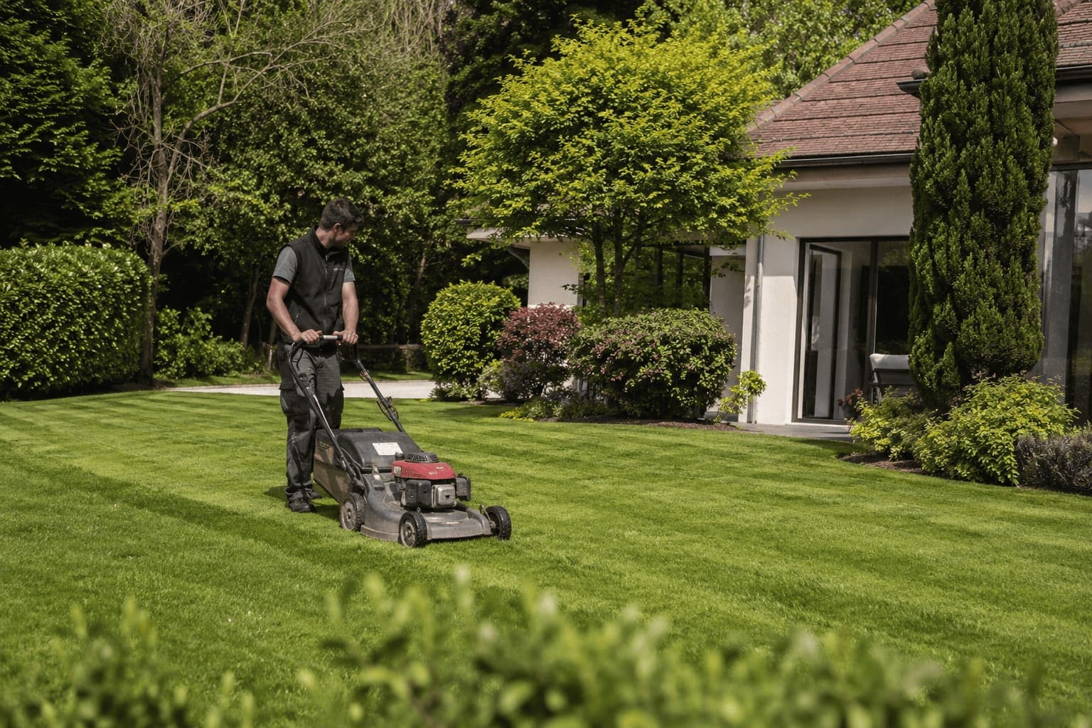 Jardinier tondant une pelouse aux bandes régulières devant une maison contemporaine entourée de massifs taillés